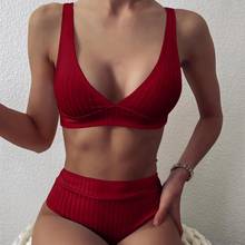 Conjunto de Bikini de dos piezas para mujer, traje de baño Sexy de Color sólido con cuello de pico profundo, sujetador acanalado, ropa de baño deportiva para verano 2024 - compra barato