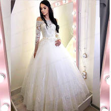 Long sleeve Wedding Dress With  A-line Lace Appliques Princess Custom Made  2021 Floor Length Bridal Gowns Belt Robe Vestido 2024 - buy cheap