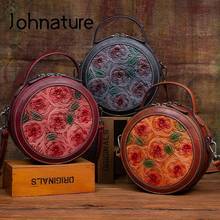 Johnature Genuine Leather Women Bag 2022 New Retro Handbag First Layer Cowhide Handmade Carving Small Circular Shoulder Bags 2024 - buy cheap