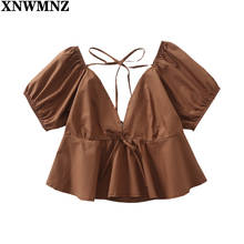 XNWMNZ-Blusa marrón para mujer, camisa Vintage de verano con cuello de pico profundo, Top con volantes para mujer, camisa Sexy con cordones y Espalda descubierta, camisas de manga abombada 2021 2024 - compra barato