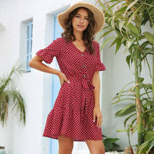 Women Vintage Summer Beach Flare Dress Casual Short Sleeve Polka Dot Belt Dress Boho Mini Party Dress V Neck Sundress Vestidos 2024 - buy cheap