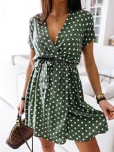 Women Summer Beach Chiffon Short Dress Casual Short Sleeve Polka Dot Dresses Boho Mini Dress Wrap Lace Up Elegant VNeck Sundress 2024 - buy cheap