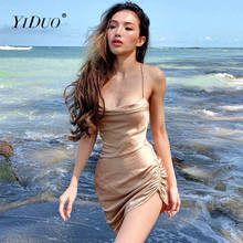 Сексуальное женское мини-платье YiDuo на бретельках с открытой спиной, модное Бандажное атласное платье с рюшами для клувечерние, облегающее черное платье 2024 - купить недорого