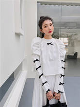 Blusa de manga larga con lazo para mujer, Top corto elegante de pasarela, color blanco y negro, para primavera y otoño, novedad de 2021 2024 - compra barato