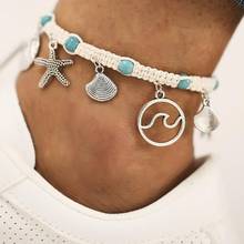 Tornozeleiras artesanais vintage boêmias de estrela, conjunto de pedra azul de tornozeleira para mulheres, bracelete na perna, praia, joias boêmias de verão 2024 - compre barato