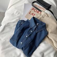 Женская рубашка, джинсовая рубашка в стиле ретро, осенне-зимний Свободный Топ с длинным рукавом 2024 - купить недорого