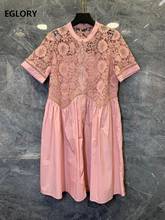 Женское вязаное платье, хлопковое платье составного кроя с коротким рукавом, розового, темно-синего, белого цветов, с кружевной вышивкой, в Корейском стиле на лето, 2021 2024 - купить недорого
