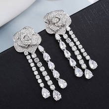 Shining Crystal Flower Tassel Dangle Jewelry for Women Cubic Zirconia Long Earrings Luxury Wedding Party Camellia Dangler 2024 - buy cheap