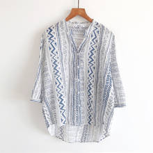 Blusa de lino y algodón con cuello en V para verano, camisa holgada informal con estampado de estilo folk personalizado, 2020 2024 - compra barato