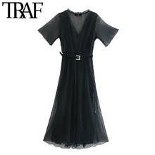 TRAF Women Chic Fashion With Belt Dotted Mesh Midi Dress Vintage V Neck Short Sleeve Elastic Waist Female Dresses Mujer 2024 - buy cheap