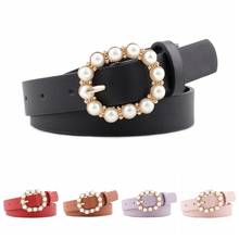 Cinturones decorativos de perlas a la moda para mujer, cinturón de mujer con hebilla de Pin redondo, cinturón de cintura informal de cuero PU de Color sólido 2019 2024 - compra barato