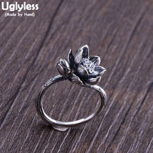 Anéis étnicos de lótus prata tailandesa sem glíter, anéis abertos em prata esterlina real 925, flor de lótus, joia artesanal r975 2024 - compre barato