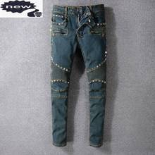 Vintage Washed Mens Biker Jeans Punk Style Studded Slim Fit Pleated Pencil Rivet Motorcycle Denim Pants Big Size Trousers 2024 - buy cheap