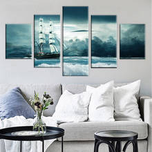 HD Printing Decor Living Room Paintings Wall Art 5 Pieces Ship Sea Waves Flower And Cloud Seascape Frame Pictures Modular Canvas 2024 - buy cheap
