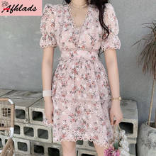 Sweet Lace Flower Dress Female 2020 Summer New Korean Fashion V-Neck High Waist Short Sleeve Patchwork Print Mini Dress 2024 - buy cheap