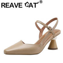 REAVE CAT 2021 Genuine Leather Lady Sandals Pointed Toe Buckle Strap 5.5cm Slingbacks Strange Chunky Heel Shoes US9 Beige A4226 2024 - buy cheap