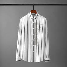 Minglu camisa masculina de manga longa de luxo, camiseta masculina listrada casual plus size 4xl, camisa slim fit para festa 2024 - compre barato
