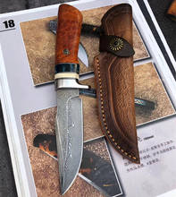 Damascus  Steel Straight Knife  Camel bones fossils teeth Rosewood galls Handle Fixed Blade Knife Outdoor camping survival edc 2024 - buy cheap