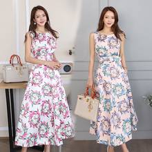 New Temperament Retro Printed Long Women Summer OL 2021 Sexy O-Neck Sleeveless A Line Office Slim Mid-Calf Dresses With Belt 2024 - buy cheap