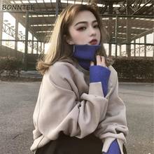 Hoodies Women Leisure Thicker Plus Velvet High Quality Warm Korean Style Womens Retro Chic Turtleneck Loose Clothing Patchwork 2024 - buy cheap