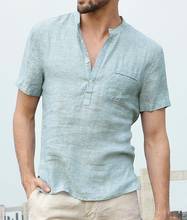 Nova venda quente de algodão e linho camisa masculina de manga curta gola em pé abotoado semi-aberto frente simples camisa de manga curta 2024 - compre barato