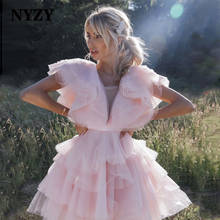 C331 NYZY-Vestidos de Cóctel rosa con volantes escalonados, Mangas de casquillo, Vestido corto de fiesta para baile de graduación, Homecoming, 2021 2024 - compra barato