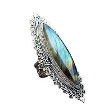 Retro Women Marquise Cut Faux Labradorite Inlaid Caved Finger Ring Jewelry Gift 2024 - buy cheap