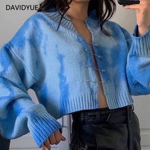 Cardigã feminino com manga comprida, top crop de malha vintage, suéter coreano cropped, blusa azul para mulheres 2020 2024 - compre barato