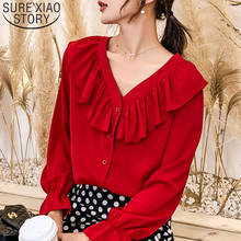 2019 Fashion Women Chiffon Blouses Long Sleeve V-neck Ruffles Office Lady White Red Women Tops Casual Women Clothing 5324 50 2024 - buy cheap