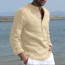 Novo outono camisa masculina casual de linho gola solta botão camisa moda bonito camisa masculina cor sólida topo 2024 - compre barato