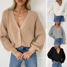 Mulheres sexy decote em v botão cardigan antumn inverno longo lanterna manga camisola meninas sólido oversized malha suéteres malhas 2024 - compre barato