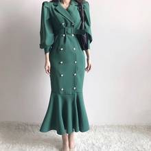 JSXDHK Korean High Quality Women Notched Office OL Dress Autumn Green Double-Breasted Ruffles Bodycon Belt Long Mermaid Dresses 2024 - buy cheap