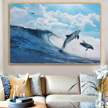 Pintura al óleo de paisaje marino, pósteres e impresiones de paisaje, Delfín lindo, arte de pared, imágenes artísticas de pared para sala de estar 2024 - compra barato