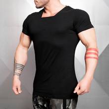 New Summer Gyms Clothing Fashion Men Short Sleeve Cotton t-shirt Fitness Bodybuilding T shirt Male Square collar Slim fit Tops 2024 - buy cheap