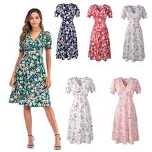 Vestido Midi informal de chifón para verano, Túnica de manga corta con cuello de pico, estampado Floral, Estilo Vintage 2024 - compra barato