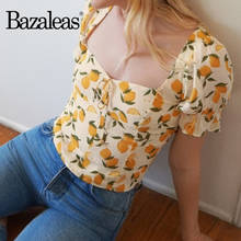 Bazaleas Fashion Square Collar blouse women Chic Fruit lemon Print ropa mujer harajuku shirt Vintage short Sleeve Blouse 2024 - buy cheap