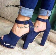 Linamong New Fashion Peep Toe High Platform Chunky Heel Pumps Blue Suede Ankle Buckle Thick High Heels Dress Shoes Big Size 2024 - buy cheap