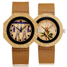 Reloj octagonal creativo de imitación de madera para hombre y mujer, pulsera de cuarzo de imitación con flores, correa de cuero suave, Uhr 2024 - compra barato