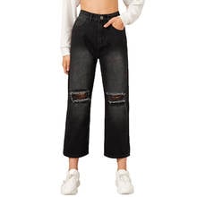 Pantalones vaqueros rectos negros para mujer, Jeans rasgados de cintura alta con agujeros, Jeans elásticos informales, novedad 2024 - compra barato