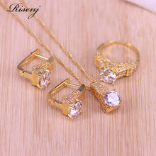 Risenj-Conjunto de joyería de oro rosa para mujer, conjunto de anillo ajustable, pendientes, collar, joyería nupcial, muchos colores 2024 - compra barato