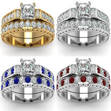 Requintado feminino jóias cor prata branco cristal anéis 1.8 quilates princesa corte de cristal nupcial casamento noivado anel conjunto 2024 - compre barato