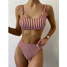 Women Two-Piece Swimsuit Summer Retro Striped Print Ladies Sexy Swimsuit High Waist Beachwear Casual Strapless Bikini Split Suit 2024 - buy cheap