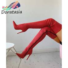 DORATASIA/в большой размер 43 пикантные Для женщин однотонные застежкой-молнией Сапоги до колена на каблуке-шпильке очень высокий каблук сапоги Для женщин сапоги 2024 - купить недорого