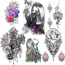 Tatuajes Temporales falsos de gángster para mujer, tatuajes grandes de flor de Rosa, belleza de loto enmascarado, colgantes de dibujo, tatuajes impermeables hasta el muslo 2024 - compra barato