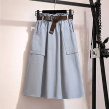 Midi Knee Length Summer Skirt Women With Belt 2022 Spring Casual Cotton Solid High Waist Sun School Skirt Female 2024 - buy cheap