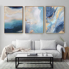 Pintura sacada abstrata de rio, paisagem, tela de ouro azul abstrata com folhas de impressão e cartazes, para sala de estar, decoração, varanda 2024 - compre barato