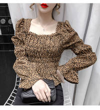 New Summer  Chiffon Shirt Women Sweet Tops  Leopard Blouse Square Collar Puff Sleeve Slim Ruffles Tops Chiffon-Shirts S-XL 2024 - buy cheap