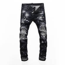 Dsq marca estilo europeu dos homens magro elástico calças de brim dos homens em linha reta calças de brim com zíper retalhos magro buraco preto jeans para homens 8247 2024 - compre barato