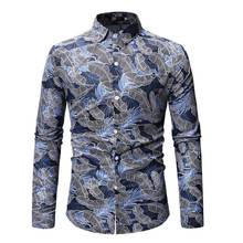 Camisa de vestir con estampado de hojas azules para hombre, camisa hawaiana de manga larga, ajustada, con botones, para fiesta y vacaciones, novedad de 2021 2024 - compra barato