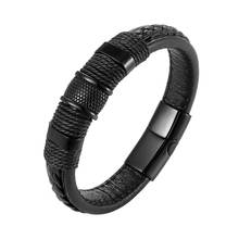 Pulsera de cuero genuino para hombre, brazalete de acero con botón magnético, estilo Punk, regalo de cumpleaños 2024 - compra barato